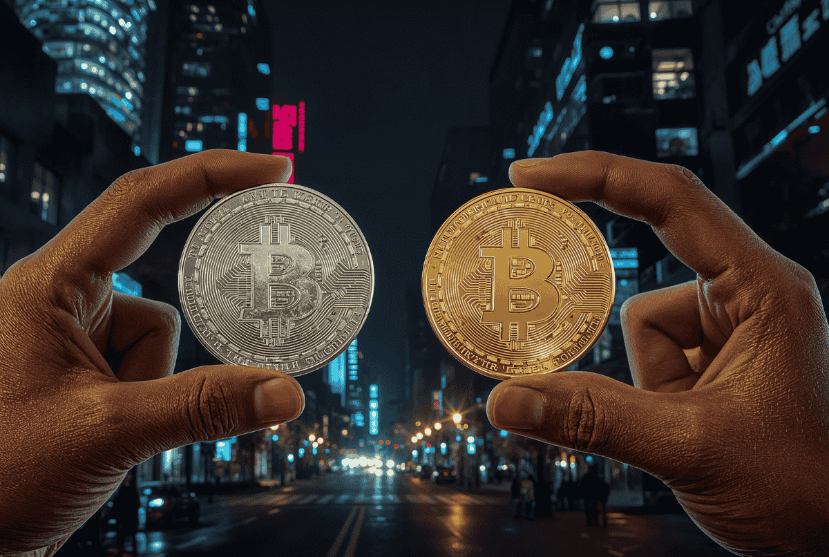 Ilustrasi perbandingan koin Pi dan Bitcoin dalam genggaman dua tangan.