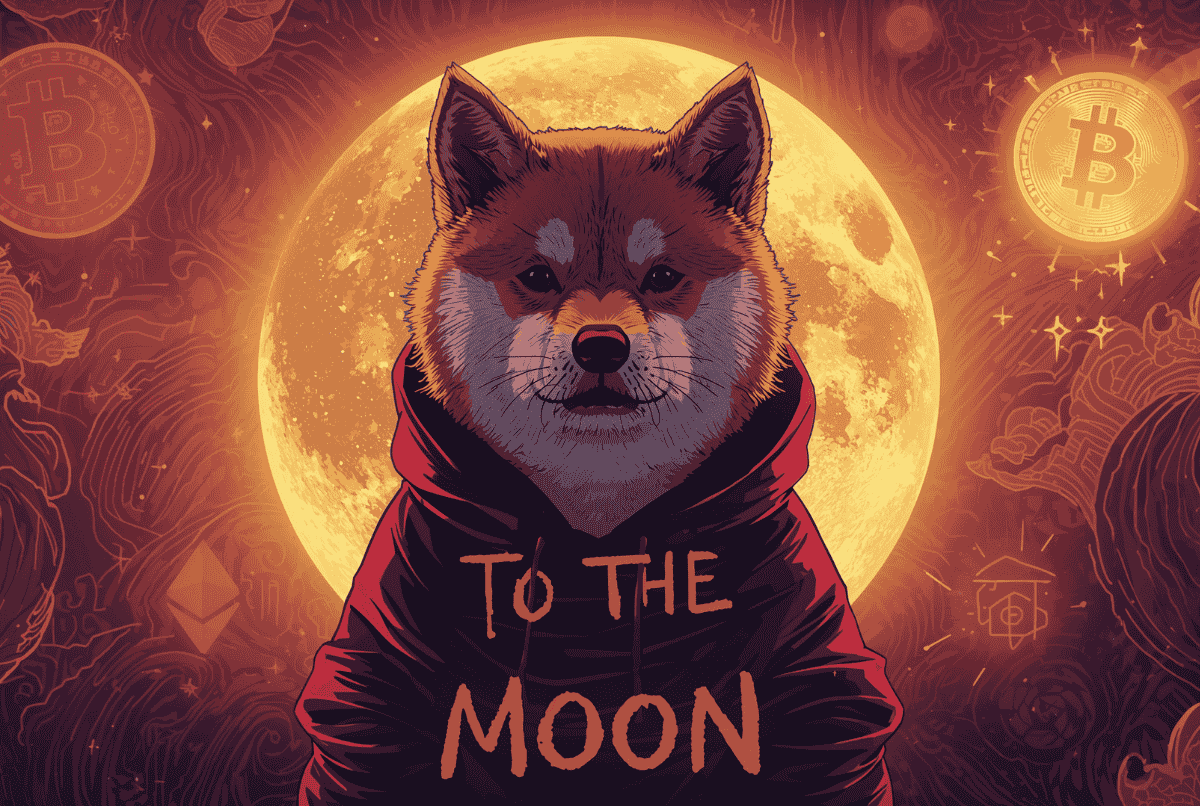 Shiba Inu lucu dengan kacamata hitam di atas roket bertuliskan To The Moon, ilustrasi meme crypto pop-art