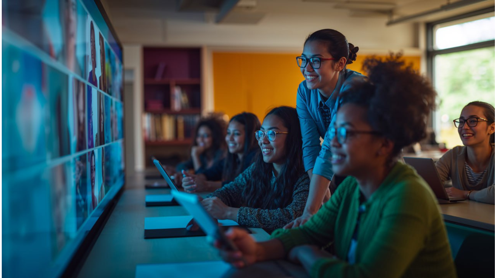 Siswa belajar dengan tablet di kelas modern menggunakan layar interaktif.
