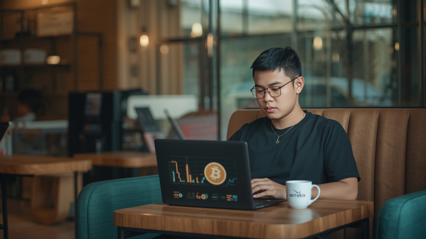 Pemuda Indonesia di kafe memantau grafik bitcoin di laptop